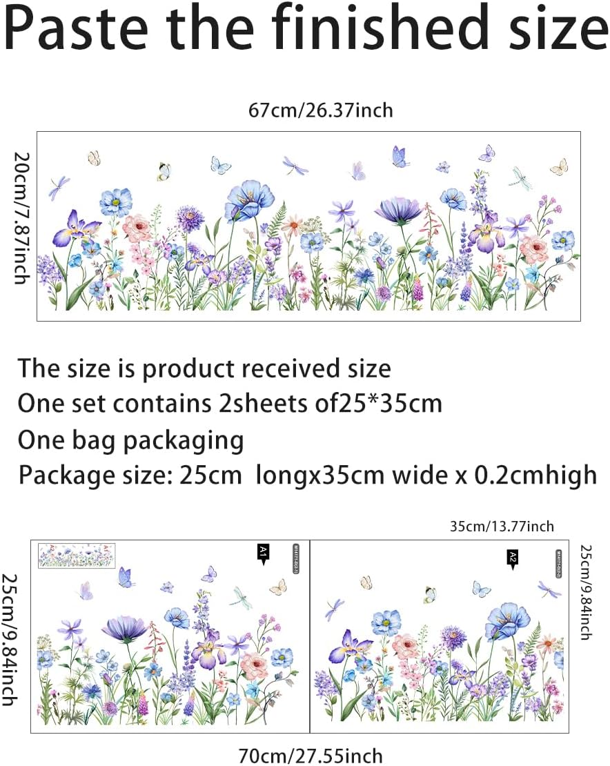 2 Pieces Purple Flowers Wall Decals Vinyl Purple Flowers Wall Stickers Removable Floral Art Murals Peel and Stick Colorful Decor for Girls Bedroom Living Room Nursery