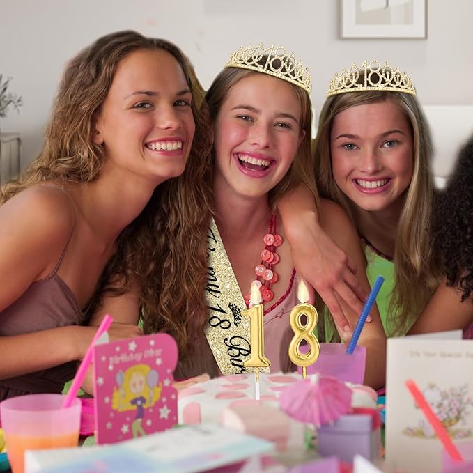 18th Birthday Decorations for Girls with 18th Birthday Sash and Tiara Gold, 18 Candles Gold, 18 Year Old Gifts for Girls