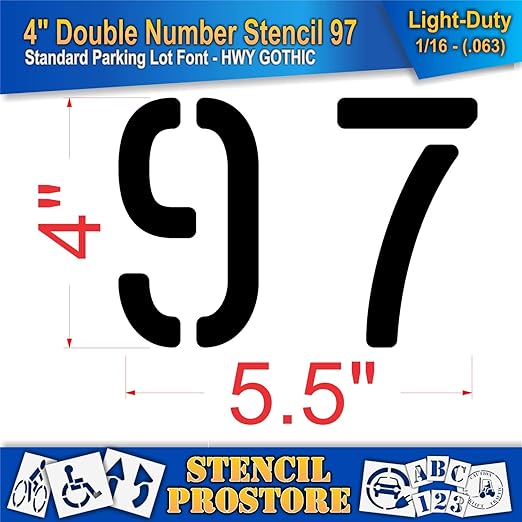 Pavement, Curb, and WheelStop Stencils - 4 inch Double Number Stencil - (97) - 4" x 5.5" x 1/16" (63 mil) - Light-Duty