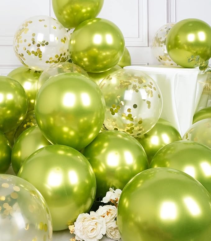 SUWEN Metallic Lime Green Balloons and Confetti Balloons Set 47PCS Latex Helium Chrome Neon Green Balloon for Birthday Anniversary Party Decorations