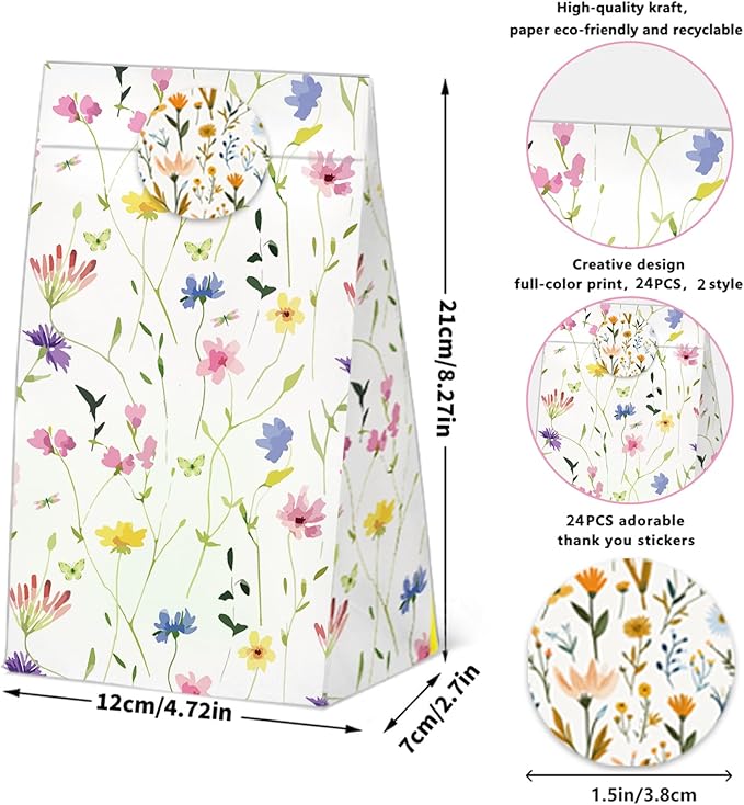 24 Pcs Wildfloral Goodie Bags with Stickers,Welcome Bags for Wedding Hotel Guests Themed Decorations Birthday Party Favor Bags,Vintage Wildfloral Party Gift Bags for Birthday Wedding Party