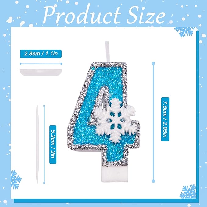 4th Blue Snowflake Birthday Candles Frozen Themed Number 4 Candles for Cake Topper Cupcake Decorations Party Decor Anniversary Celebrations Supplies