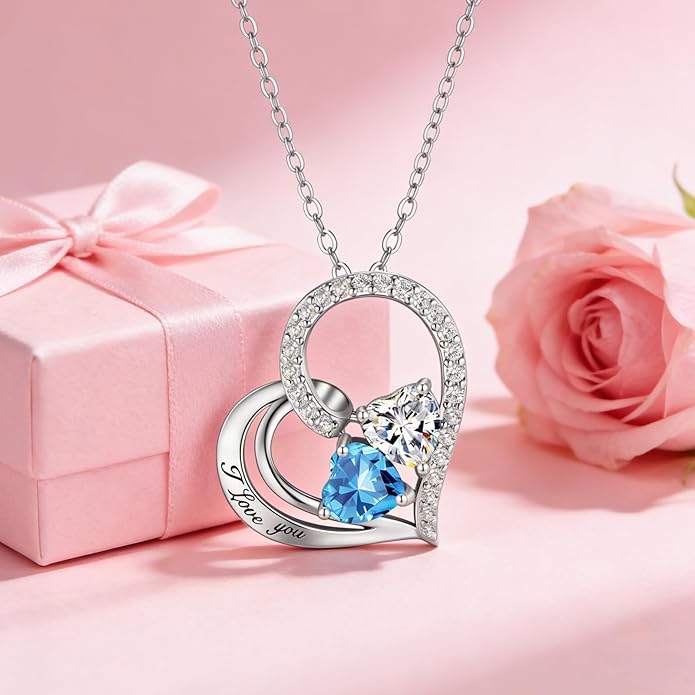 Double Birthstone Heart Necklace 0.8CT Dual-Gemstone S925 Sterling Silver Plated White Gold Engraved I Love You Perfect Anniversary/Valentine's Day Gift for Wife/Girlfriend/Mom/Daughter