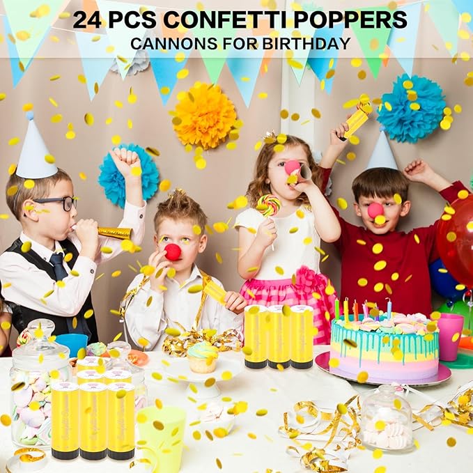 Confetti Cannon 24 Pack Small gold Confetti Poppers ideal for Weddings, Birthdays, Graduations, Baby Showers, New Year's Eve Parties Fun Party Decorations