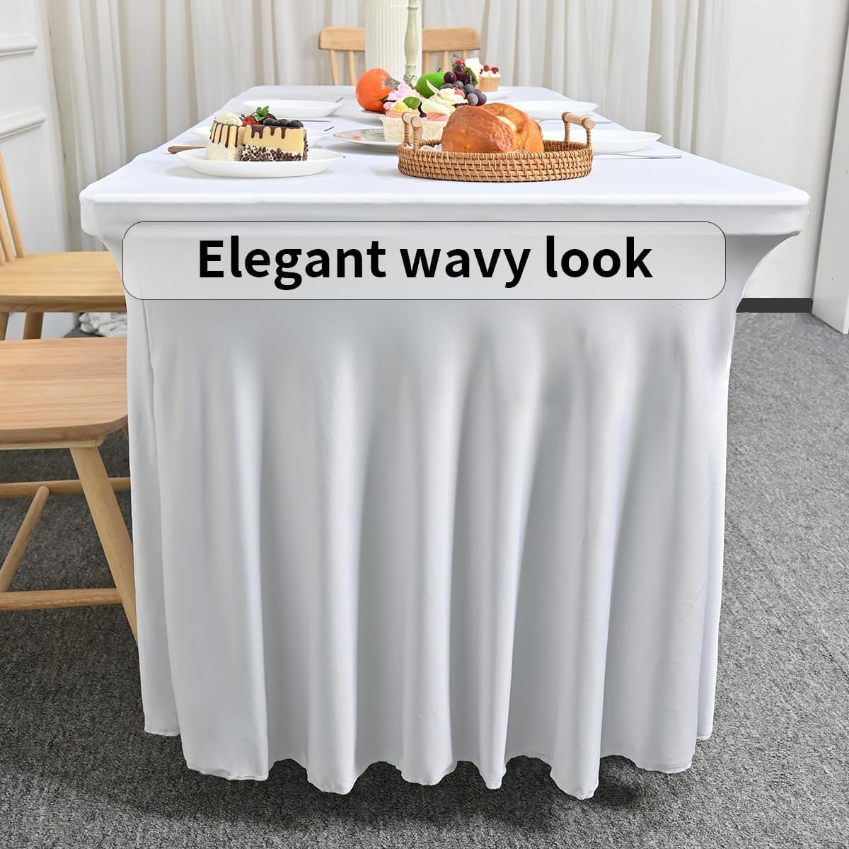 HAORUI Table Skirts, 6ft Rectangle Wrinkle Resistant Table Clothes, Ruffles Elastic Table Cover for Banquets, Weddings, Parties (6 Ft, White)