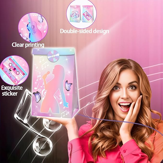 Inshinern Popular Singer Party Favors Bag Pink-Purple Decorations Pop Music Goodie Treat Bags 2 Styles Paper Gift Bag for Musical Theme Birthday Party,Graduations,Weddings,Bridal Baby Shower (12 Pcs)