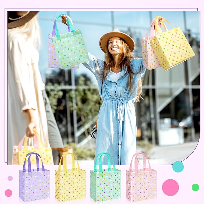 Sweetude 16 Pcs Pastel Dots Easter Gift Bag with Handles Non Woven Reusable Goodie Bags for Mother's Day Women Wedding Birthday Baby Shower Spring Party Favors