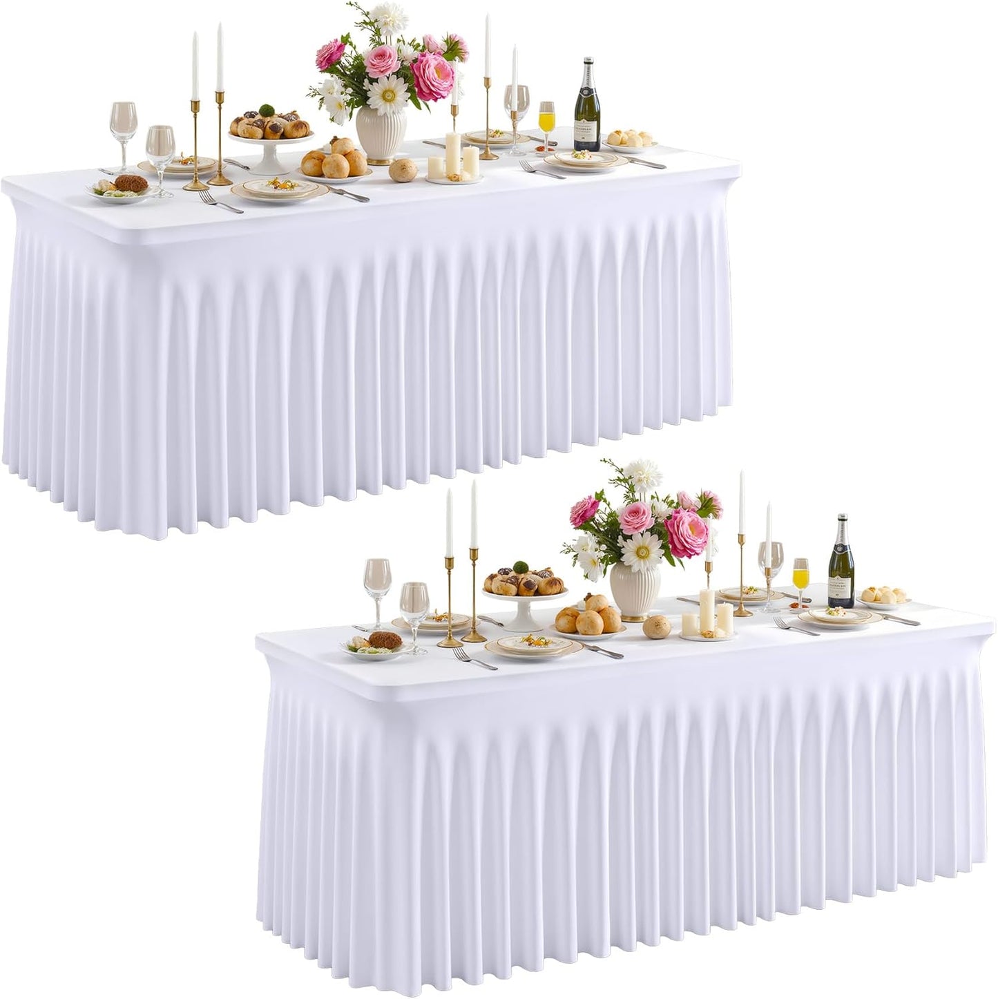 Besutolife White Spandex Tablecloth with Skirt for 6ft Rectangle Tables 2 Packs-Wrinkle-Resistant Stretchable Machine Washable Perfect for Weddings Banquets Birthday Parties Events