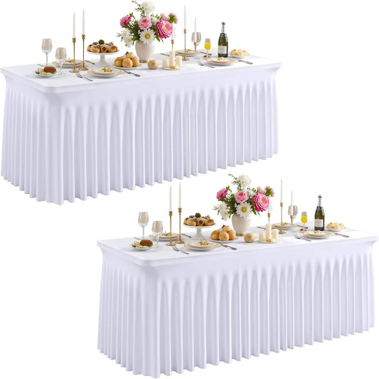 Besutolife White Spandex Tablecloth with Skirt for 8ft Rectangle Tables 2 Packs-Wrinkle-Resistant Stretchable Machine Washable Perfect for Weddings Banquets Birthday Parties Events