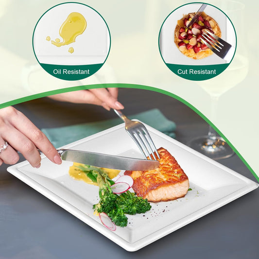 Square Paper Plates 10 Inch [50-Pack] Compostable Eco Friendly Disposable Plates Heavy Duty, Biodegradable Recycled Bagasse Plates, Large Paper Dinner Plates, Sturdy White 10" Plate