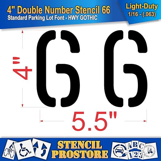 Pavement, Curb, and WheelStop Stencils - 4 inch Double Number Stencil - (66) - 4" x 5.5" x 1/16" (63 mil) - Light-Duty