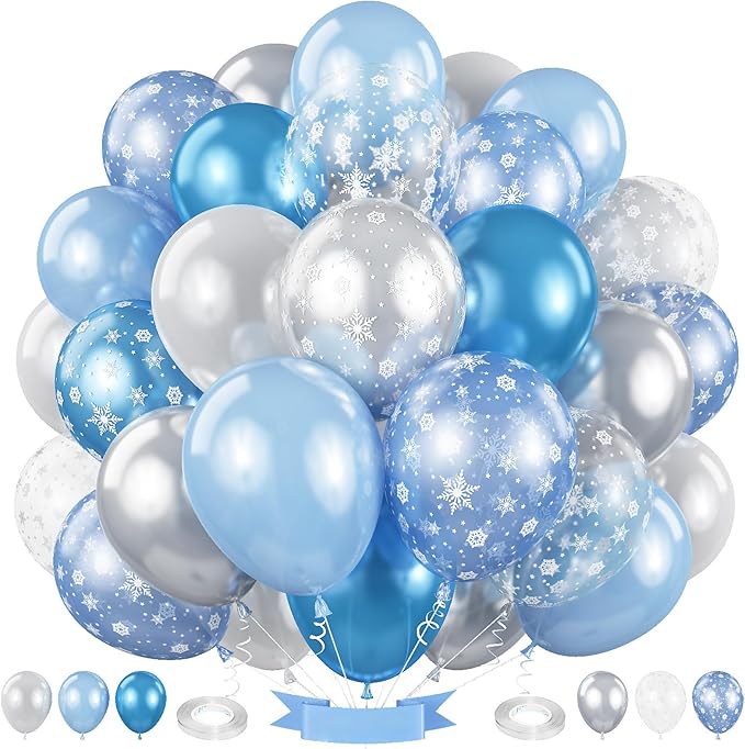 Snowflake Balloons Winter Blue White Silver Balloons Metallic Pearl Blue Silver White Snowflake Balloon Set for Princess Snow Wonderland Ice Christmas Birthday Baby Shower Wedding Party Decorations