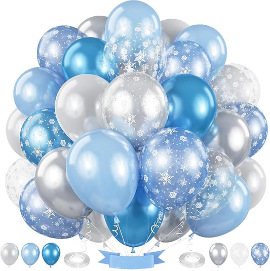 Snowflake Balloons Winter Blue White Silver Balloons Metallic Pearl Blue Silver White Snowflake Balloon Set for Princess Snow Wonderland Ice Christmas Birthday Baby Shower Wedding Party Decorations