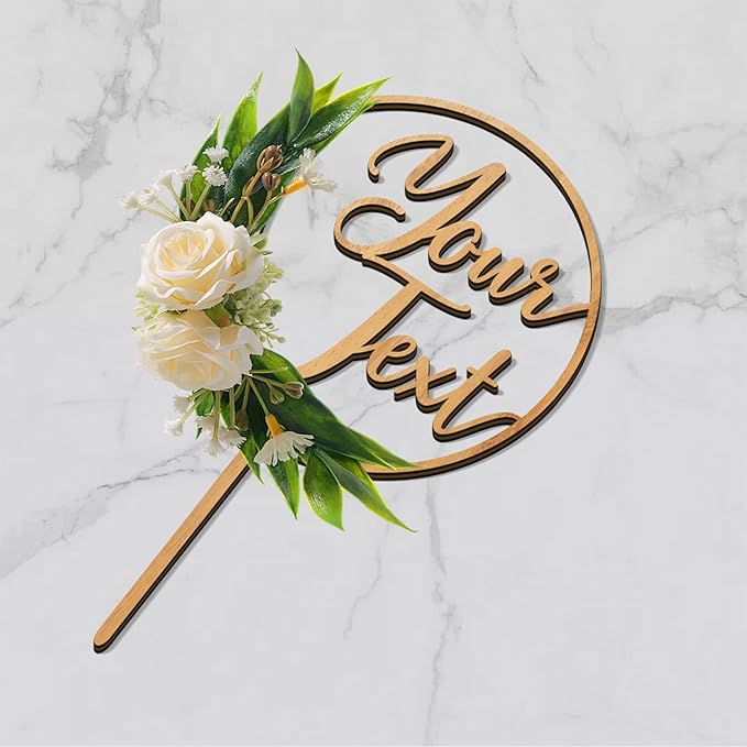 CustomText Wedding Cake Topper with 3D Artificial Flowers and Green Leaves Personalized Your Text Birthday Cake Decoration (Oak Finish)