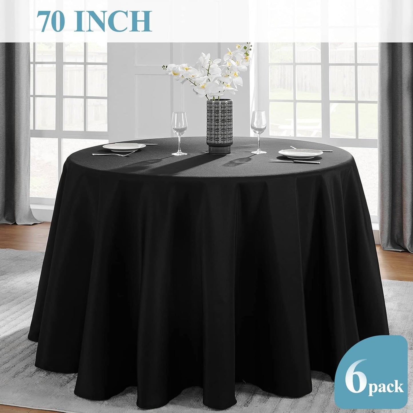 VidaFete 6 Pack 70inch Round Tablecloth Polyester Table Cloth，Stain Resistant and Wrinkle Polyester Dining Table Cover for Kitchen Dinning Party Wedding Rectangular Tabletop Buffet Decoration(Black)