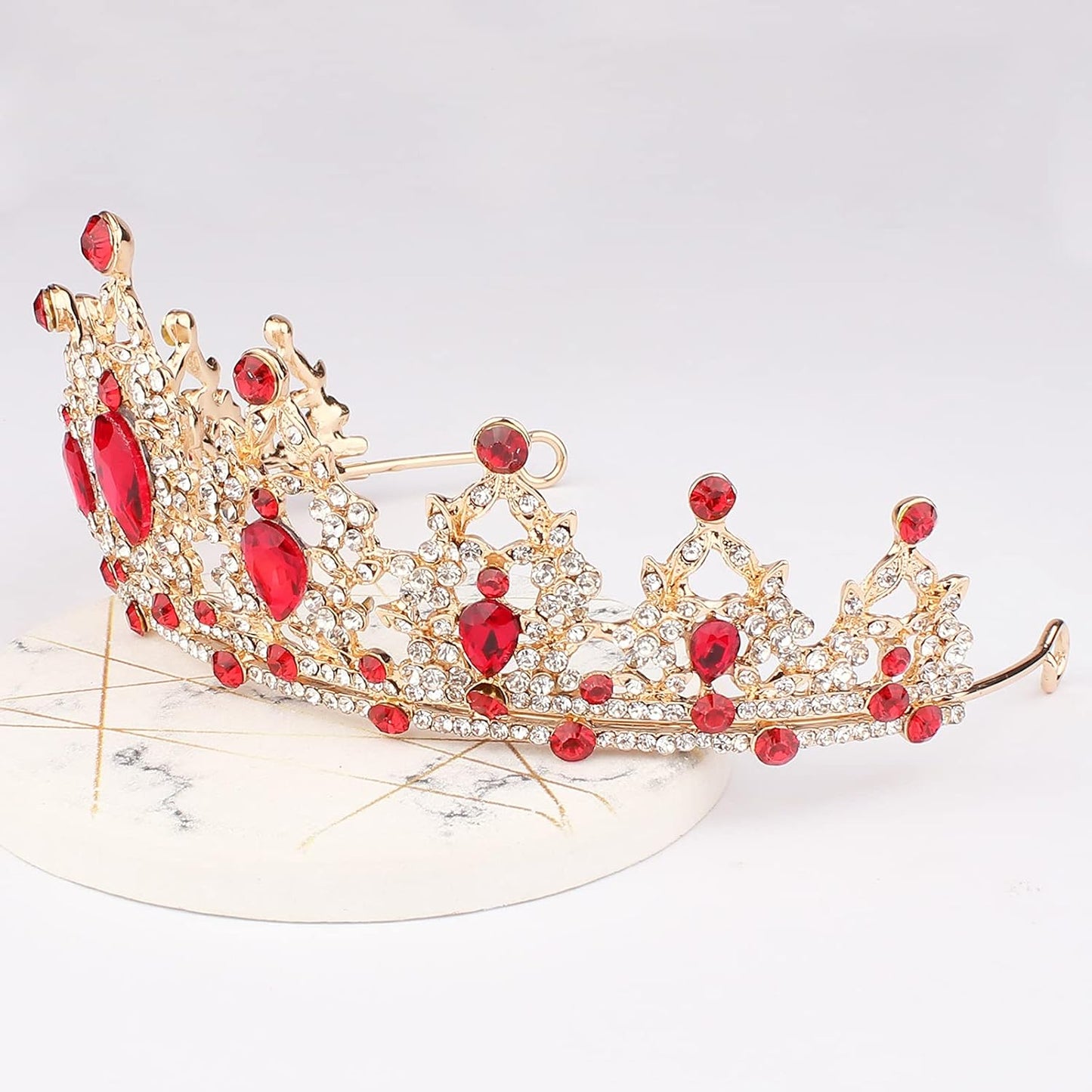 CAVETEE Gold Baroque Queen Crown for Women - Luxurious Red Rhinestones - Wedding, Prom, Christmas, Thanksgiving - 1 Count (Pack of 1) - Size: 15cm/5.9" Length, 5.8cm/2.3" Height