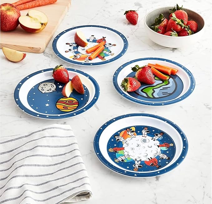 4 Piece Space Melamine Kids Plates, 4 Different Designs, Lightweight & Shatterproof Toddler Feeding Set, Children Safe Kitchen Set, Fun Mealtime, LIttle Kid Dinner Plates