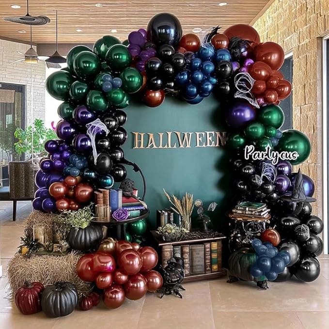 Halloween Balloon Arch Double Stuffed, Dark Green Navy Blue Burgundy Purple Black Balloon Garland Kit for Halloween Birthday Witch Gothic Spooky Magic Party Decoration