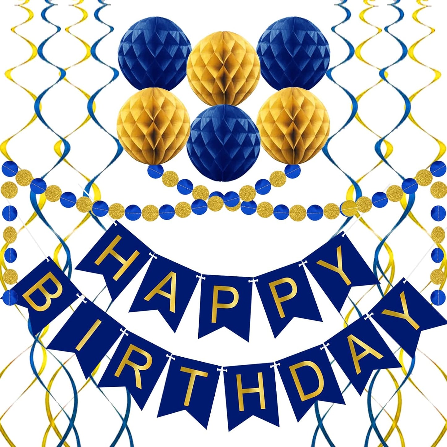 Navy Blue Birthday Decorations with Happy Birthday Banner, Paper Honeycomb Balls, Circle Garland and Hanging Swirl Decorations