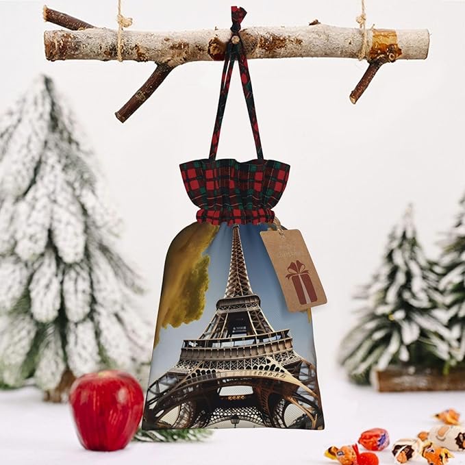 PULaif Cityscape Paris Eiffel Tower France Christmas Drawstring Gift Bags, Large Size Christmas Bags For Gifts Party Favors, Xmas Gift Bags