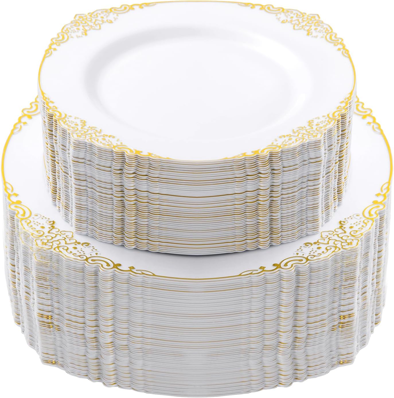 200 PCS White and Gold Plastic Plates for 100 Guests, Gold Disposable Plates Include 100 PCS Dinner Plates, 100 PCS Dessert Plates for Party, Wedding and Graduation
