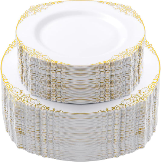 200 PCS White and Gold Plastic Plates for 100 Guests, Gold Disposable Plates Include 100 PCS Dinner Plates, 100 PCS Dessert Plates for Party, Wedding and Graduation