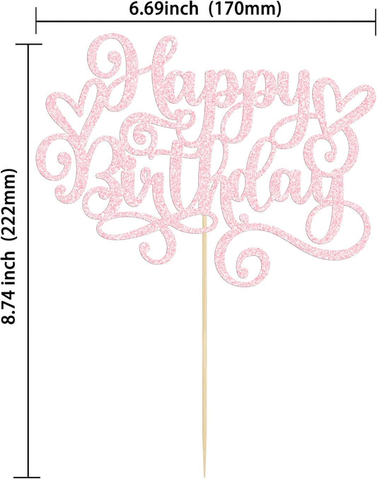 Gyufise 1Pcs Happy Birthday Cake Topper Glitter Cake Pick Bunting Decor for Anniversary Celebrating Party Cake Decorations Supplies Light Pink