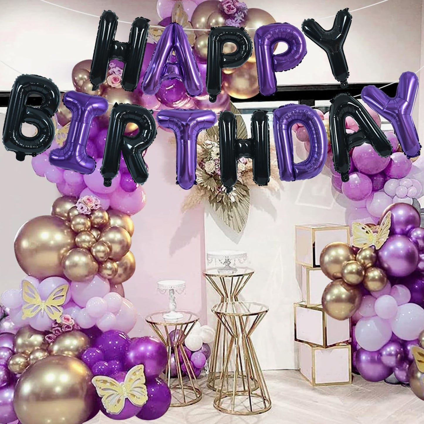 TONIFUL Happy Birthday Balloons Banner 16 Inch Mylar Foil Letters Birthday Sign Banner Bunting Reusable for Girls Boys Kids & Adults Birthday Decorations and Halloween Party Supplies（Black Purple）