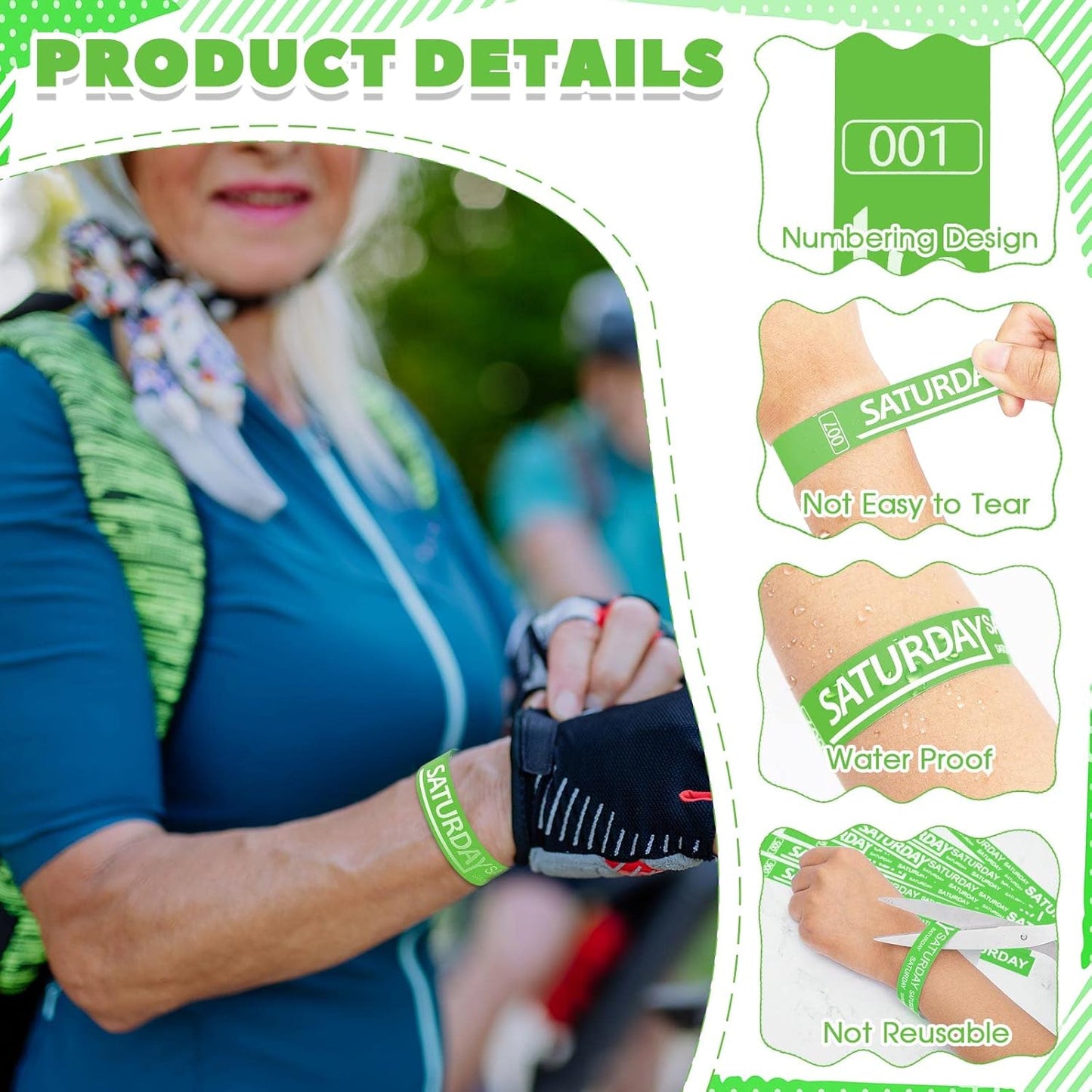 Henoyso 600 Pcs Saturday Paper Wristbands Event Admission Paper Bracelets Numbered Waterproof Party Armbands for Events Day of The Week(Green)