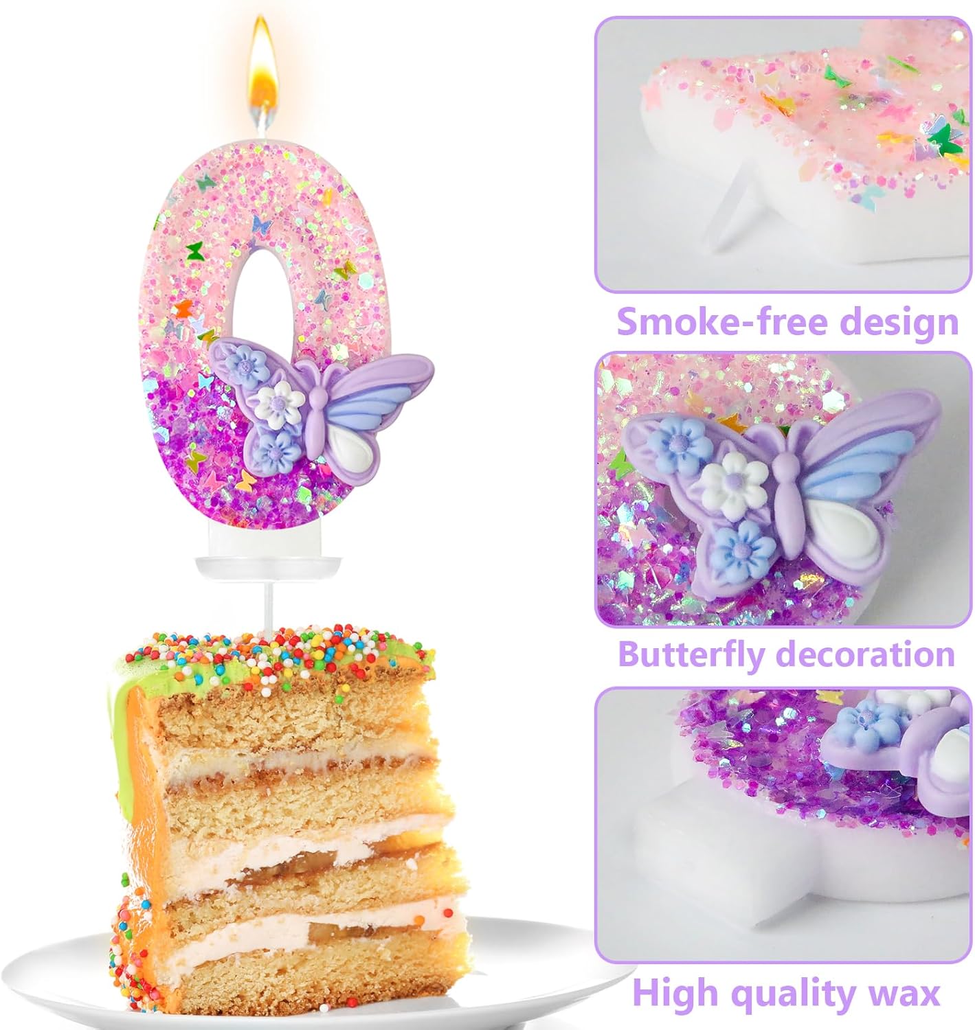 HXOUSE Butterfly Number 0 Birthday Candles - Pink & Purple Butterfly Birthday Candles for Cake, 0 Candle Topper for Anniversary Celebrations Supplies, Fairy Party Decorations for Girl (Number 0)