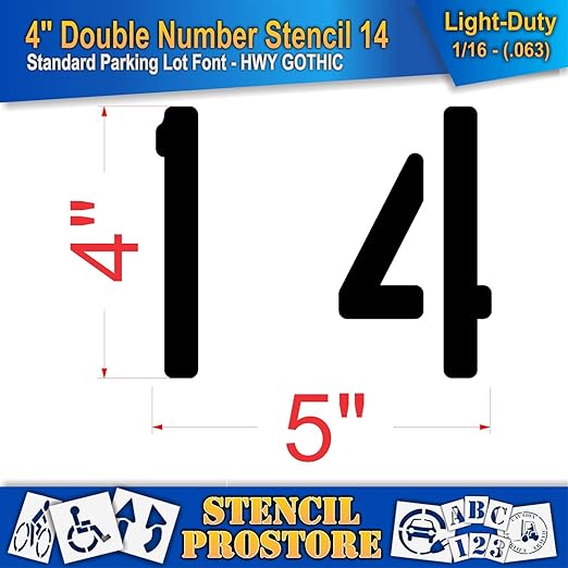 Pavement, Curb, and WheelStop Stencils - 4 inch Double Number Stencil - (14) - 4" x 4" x 1/16" (63 mil) - Light-Duty