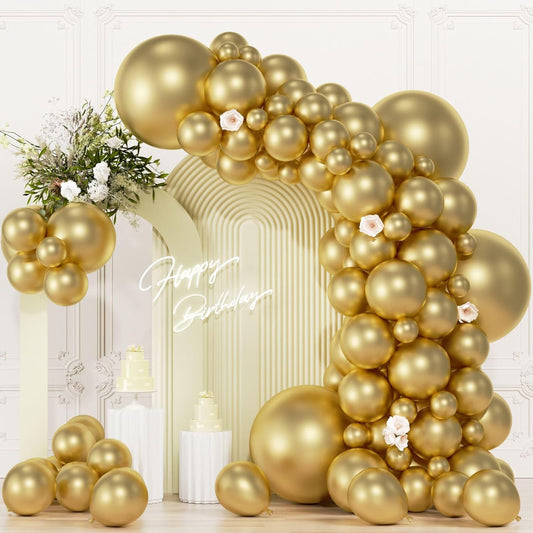 104pcs Metallic Gold Balloons - 18/12/10/5 Inch Chrome Gold Latex Balloons Garland Arch Different Sizes Pack for Birthday, Wedding, New Year's Eve Party Decorations