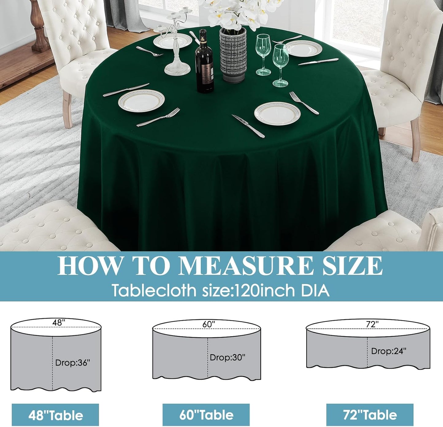 VidaFete Tablecloth 2 Pack 120inch Round Table Cloth Polyester, Stain Wrinkle Resistant Polyester Dining Table Cover for Kitchen Dinning Party Wedding Round Tabletop Buffet Decoration(Green)