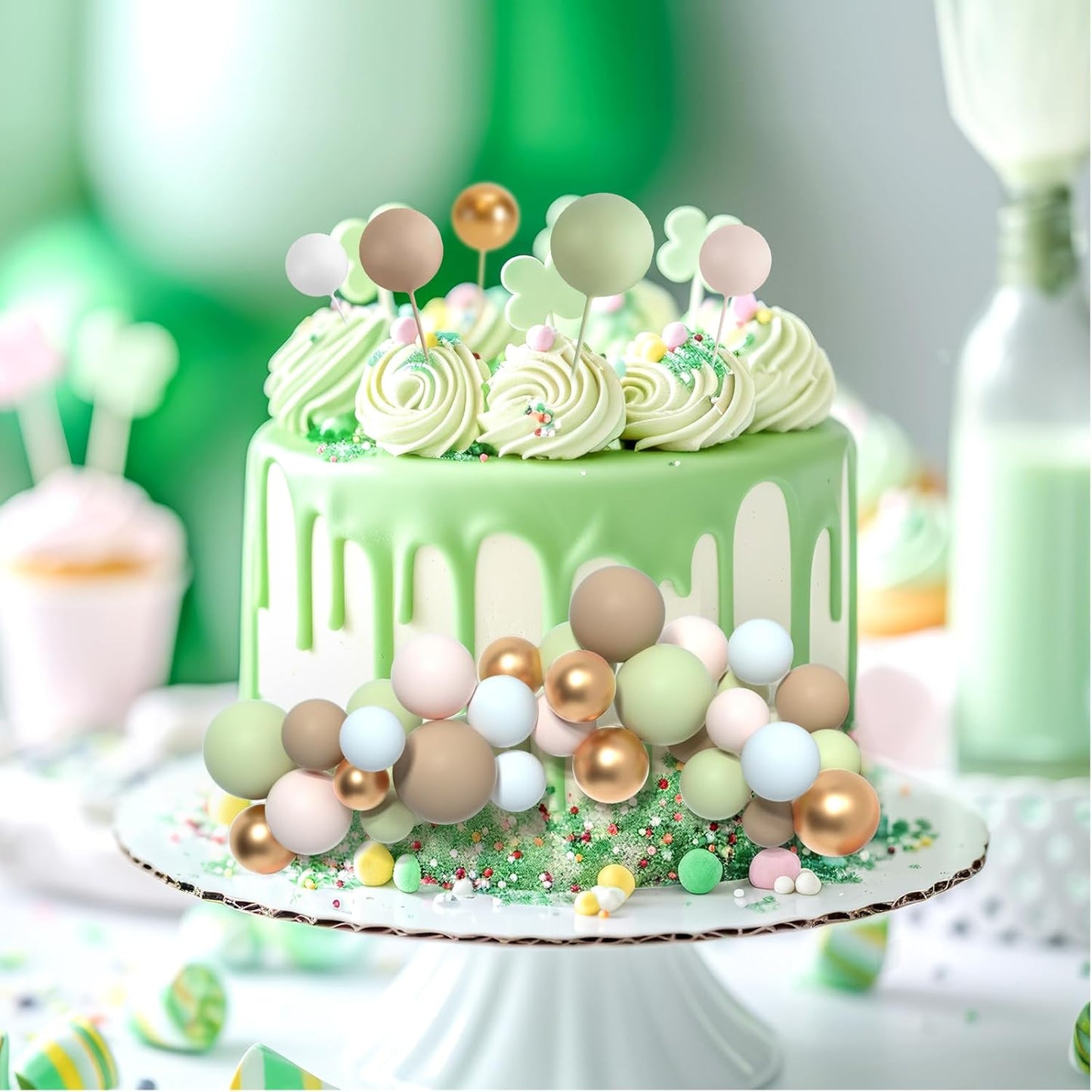 138 Pcs Balls Cake Topper Decorations Balloon Cupcake Toppers Foam Multisize Cake Topper Balls for Birthday Party Wedding Anniversary(Assorted Brown,Matcha Green,Khaki)