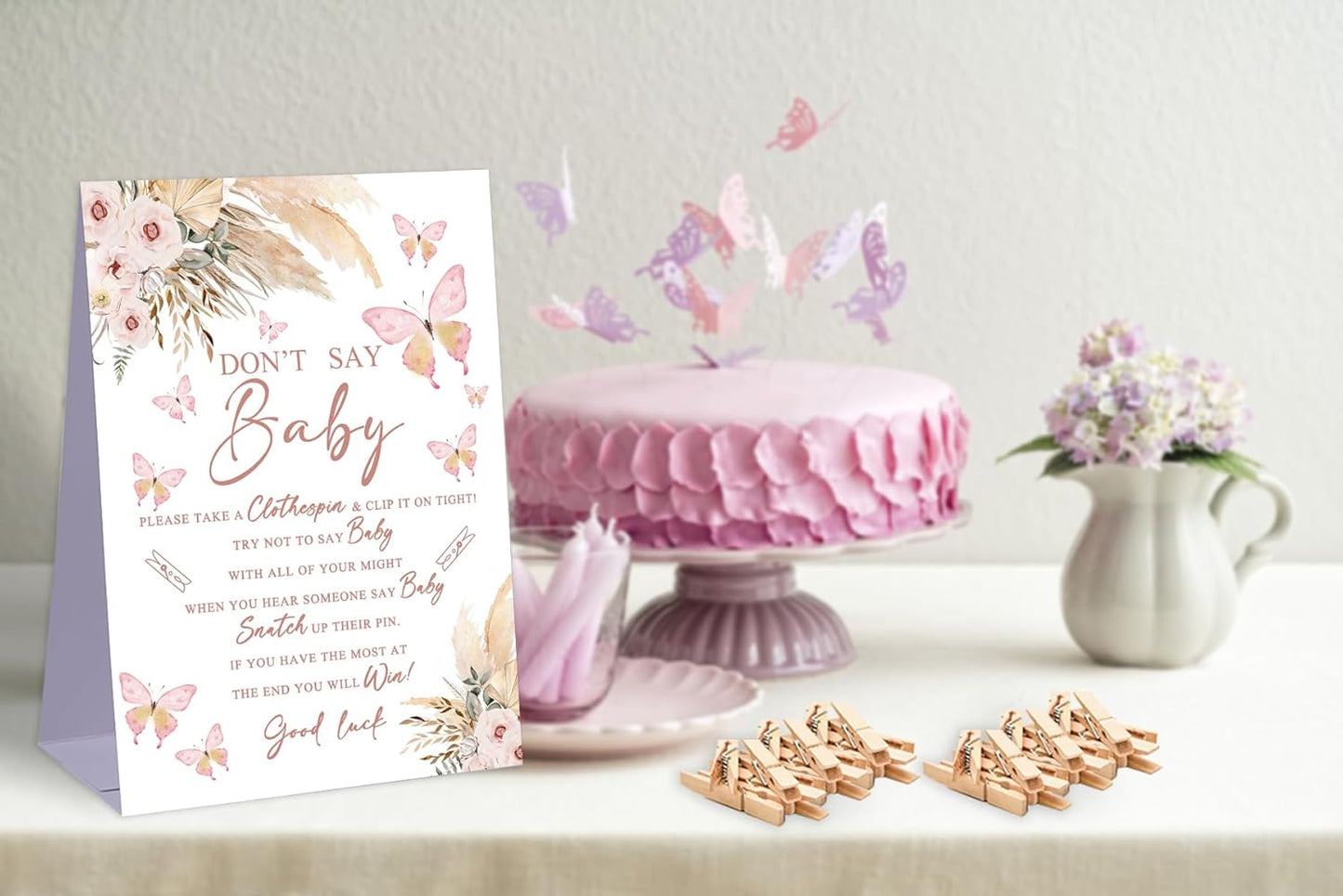 Don't Say Baby Baby Shower Game,Boho Pampas Butterfly Baby Shower Decoration,Rustic Baby Shower Decorations,Neutral Baby Shower Decoration,Baby Shower Game Ideas,1 Sign & 50 Mini Clothespins Set-B19
