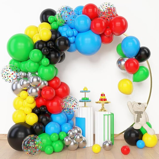 Amandir 153pcs Red Blue Yellow Green Black Balloon Arch Garland Kit, Different Sizes 18 12 10 5inch Metallic Silver Star Confetti Colorful Balloons for Birthday Carnival Video Themed Party Decorations