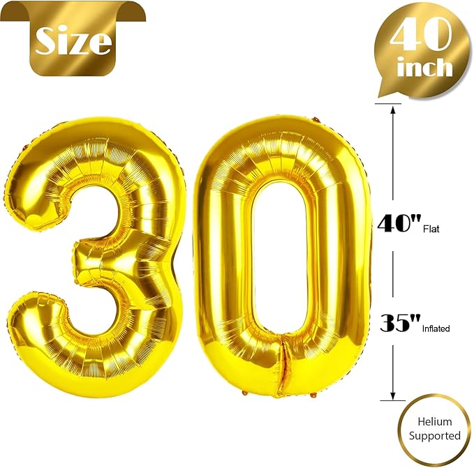Gold Number 30 Balloon 40 inch, 30 Number Balloons, 30th Gold Birthday Decorations, 30 Year Old Women Men Golden Party Supplies