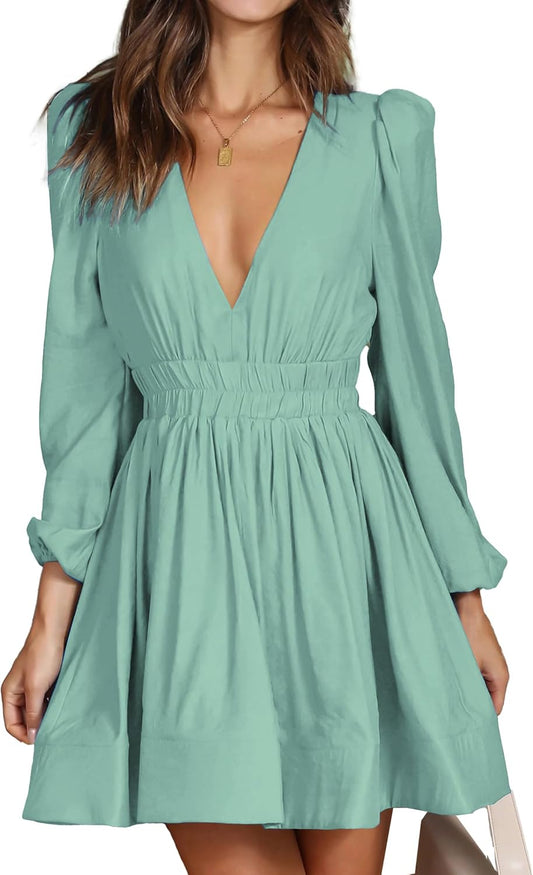 FAIABLE Mini Deep V Sexy Long Sleeve Dress for Women A-line High Waisted Casual Flowy Dress for Cocktail Wedding Guest