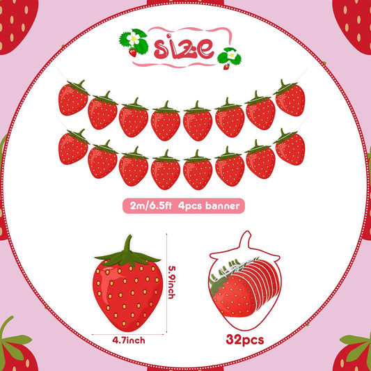 Lewtemi 4 Pcs Berry First Birthday Decor Strawberry Baby Shower Decorations Hanging Banner Berry Garland for Strawberry Themed Party Favors Supplies(Red)
