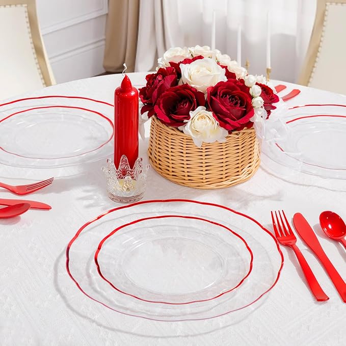 supernal 60pcs Clear and Red Plastic Plates,Fancy Scalloped Plates Disposable Heavy Duty, Wedding Disposable Dinnerware Include 30 Dessert Plate and 30 Dinner Plastic Plate for Party and Birthday