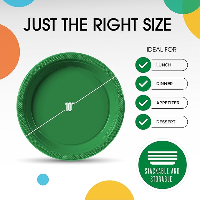 Exquisite Party Solids Green Plastic Plates For Party Supplies 10" Green Disposable Plates Heavy Duty 50 Pcs Plastic Dinnerware Sets Heavy Duty 350 GSM Disposable Dinnerware Set