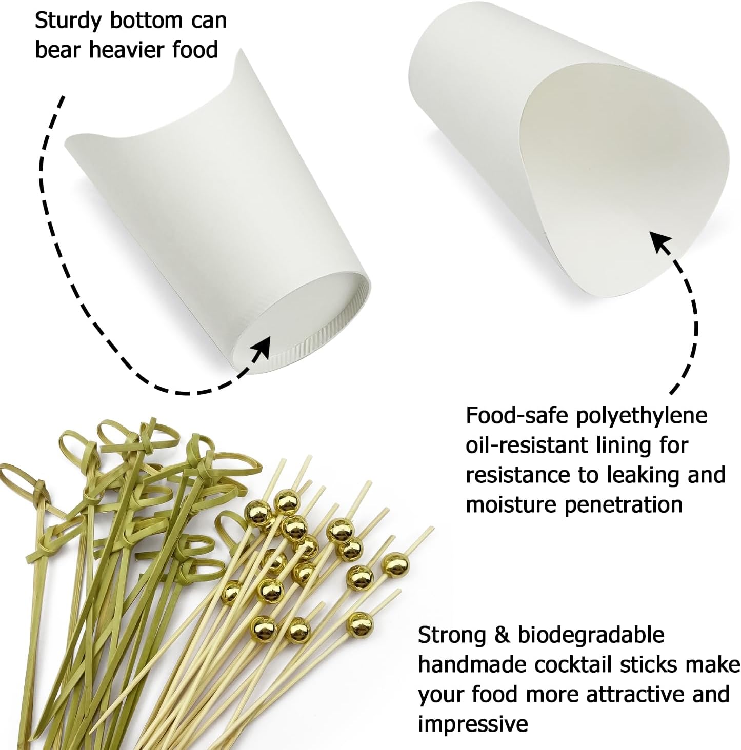 CAMKYDE 50 Charcuterie Cups + 200 Cocktail Picks + 56 Labels, 12 oz Disposable Charcuterie Cups with Sticks (2 Types), French Fry Cup White Paper Appetizer Cup for all Occasions（White）