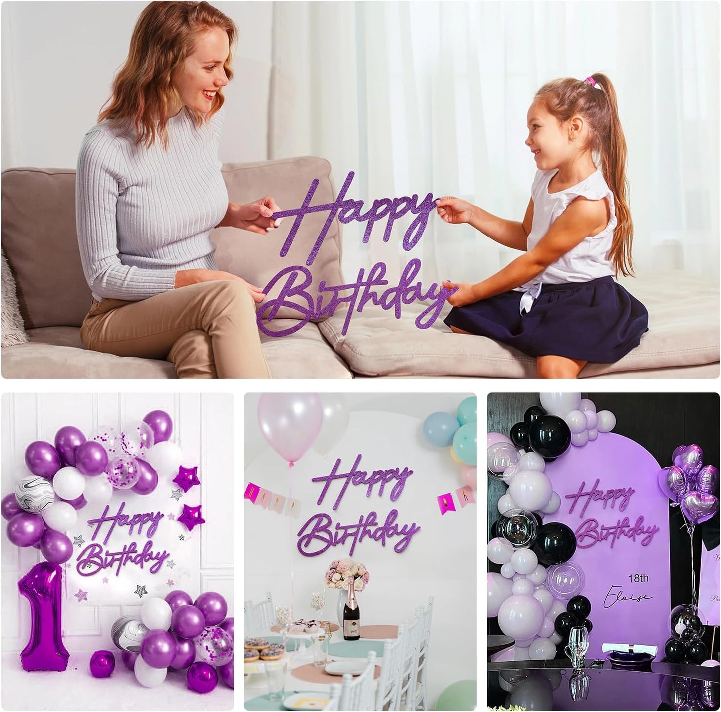 Purple Happy Birthday Sign for Backdrop - Glitter Purple Happy Birthday Letters Felt Sign Remove for Balloon Arch Party Balloon Arch Backdrop Decorations for Birthday Party Baby Shower
