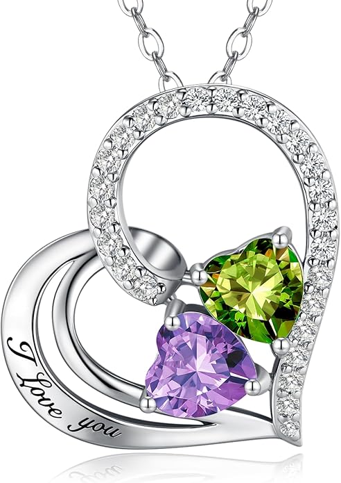 Double Birthstone Heart Necklace 0.8CT Dual-Gemstone S925 Sterling Silver Plated White Gold Engraved I Love You Perfect Anniversary/Valentine's Day Gift for Wife/Girlfriend/Mom/Daughter