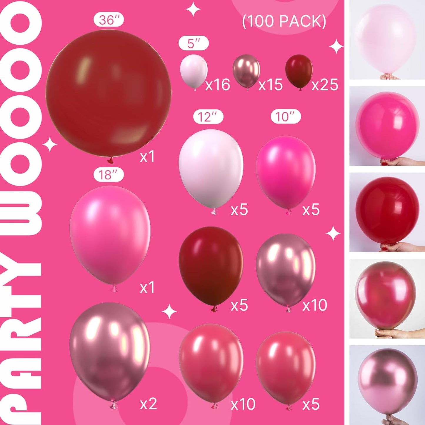 PartyWoo Pink Balloon Garland, 100 pcs Shades of Pink Different Sizes Pack of 36 Inch 18 Inch 12 Inch 10 Inch 5 Inch for Balloon Garland or Balloon Arch as Party Decorations, Birthday Decorations