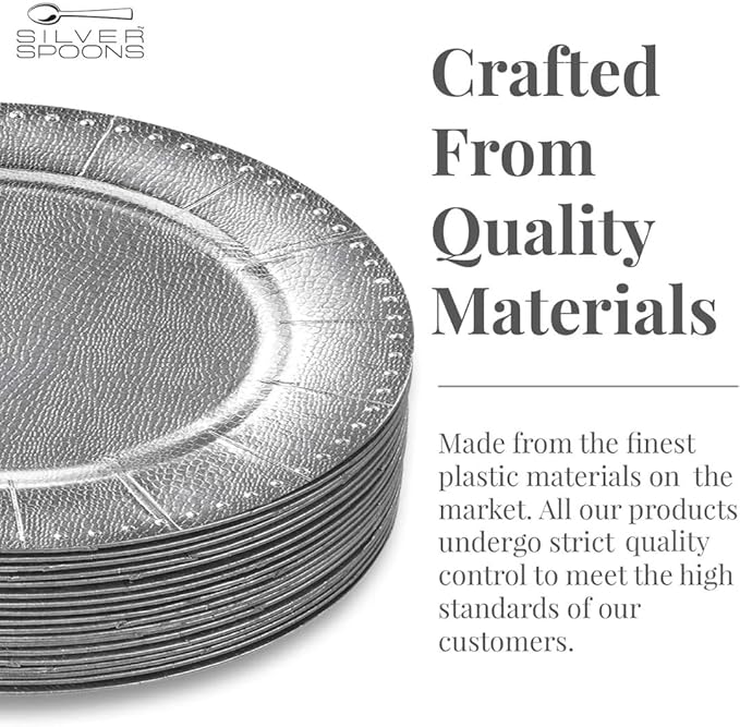 SILVER SPOONS Elegant Disposable Charger Plates For Party - (10 Piece) Heavy Duty Disposable Dinner Set 13”, Fine Dining Charger Dishes For Elegant China Look, for Celebrations & Events, Silver