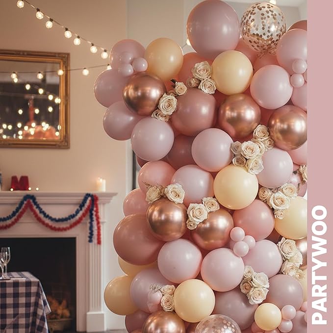 PartyWoo Dusty Pink Balloons 65pcs 12 Inch Blush Rose Pink Metallic Rose Gold Nude Boho White Sand Confetti Balloons for Baby Shower Birthday Gender Reveal Wedding Anniversary Party Decorations