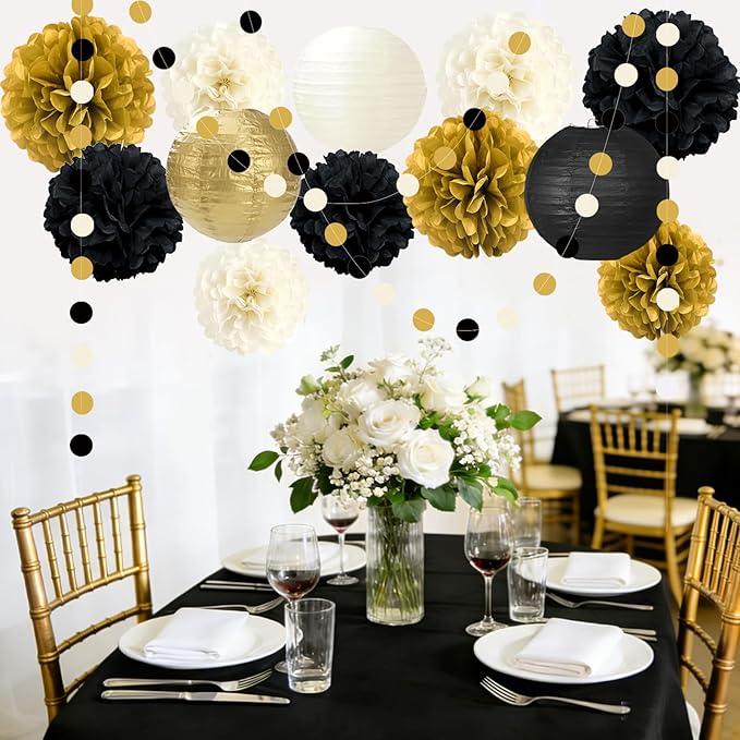 14PCS Black and Gold Party Decorations, Tissue Paper Pom Poms, Paper Lanterns & Polka Dot Paper Garland for 2026 New Year Party Graduation Birthday Wedding Engagement Retirement Party