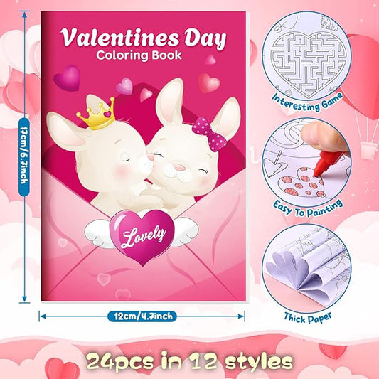 BenLouis 24 Valentines Day Mini Coloring Books Kids with 24 Stacking Crayons Valentines Day School Party Favors Activity Books Bulk for Kids Valentine's Day Goodie Bag Gift Stuffer Classroom Reward