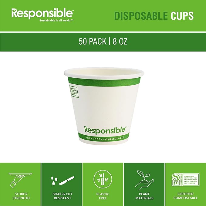 Responsible Products Certified Compostable 8 oz Paper Cups, Cold ＆ Hot Coffee Cups, Disposable Paper Cups, Extra Strength Disposable Cups, Made without PFAS (50 count)